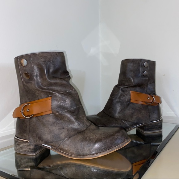 Gray Vegan Leather Moto Boots Styled w/Strap & Buckle by Lala Ikai - Picture 5 of 14